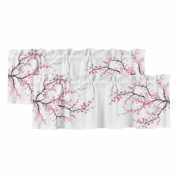 Pink Cherry Blossom Curtain Valances for Windows, Kitchen Valance Window Treatments Panel 2 Pack, Spring Branches Floral Watercolor Rod Pocket Short Curtains for Bathroom Bedroom 60 x 18 Inch