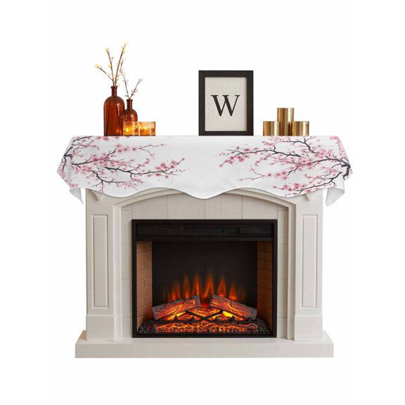 Pink Cherry Blossom Fireplace Mantel Scarf, Spring Branches Floral Watercolor Mantel Cover Table Runner, Fireplace Top Dresser Scarves for Party Holiday Living Room Home Decoration 60x17 Inch