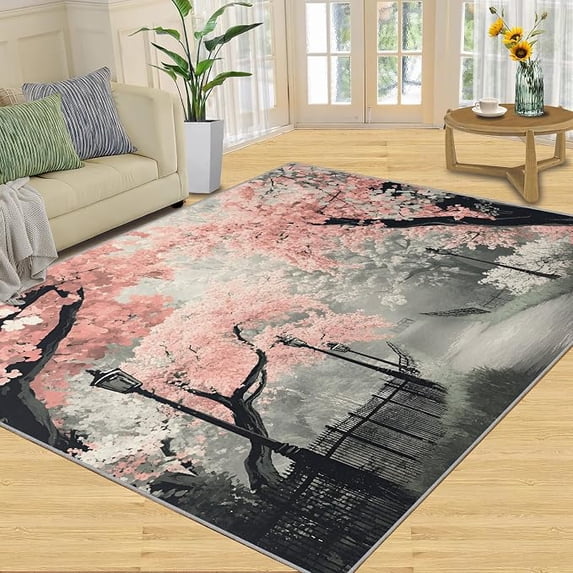 Pink Rug Dorm Pink Cherry Blossom Floral Area Rug, Non-Slip Machine Washable Carpet ...