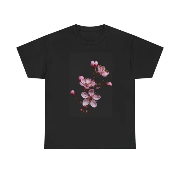 Pink Cherry Blossom Floral Tee | Dark Background Botanical Print