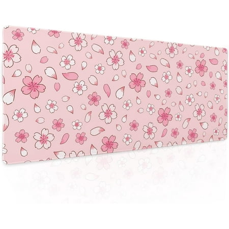 Pink Cherry Blossom Gaming Mouse Pad XL Cute Anime Aesthetics Floral Extended Kawaii Flowers Large Mousepad Non-Slip Rubber Base Stitched Edge Long Keyboard Desk Mat for Computer,31.5×11.8 Inch