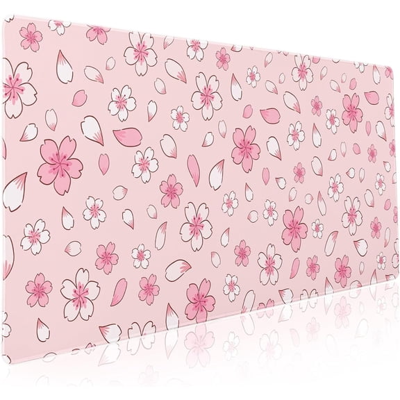 Pink Cherry Blossom Gaming Mouse Pad XXL Cute Anime Aesthetics Floral Extended Kawaii Flowers Large Mousepad Non-Slip Rubber Base Stitched Edge Keyboard Desk Pad Playmat for Computer,35.4×15.7 in