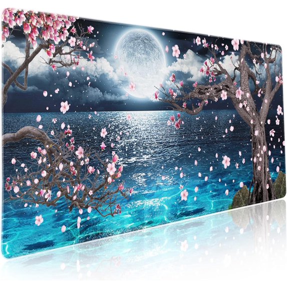 Pink Cherry Blossom Gaming Mouse Pad XXL Sakura Tree Blue Ocean Moon Night Extended Big Large Desk Mat Non-Slip Rubber Base Stitched Edge Long Keyboard Mousepad for PC Computer Laptop,35.4×15.7 in