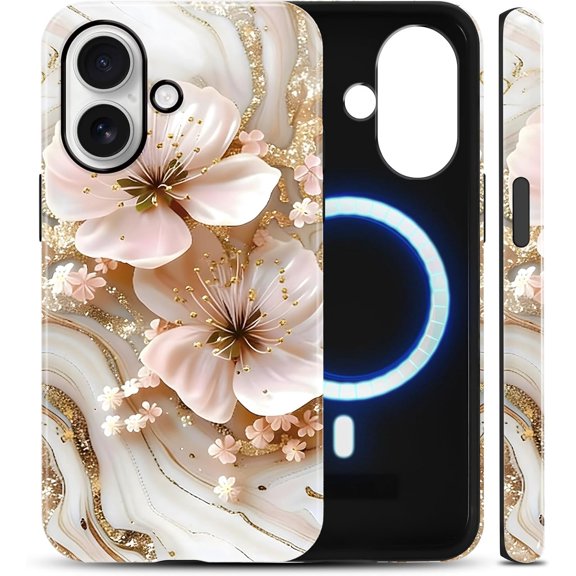 Pink Cherry Blossom Gold Marble Magnetic Phone Case for iPhone 16 6.1", Compatible with MagSafe Wireless Charging Shockproof Cover, Romantic Floral Protective Case Hard PC TPU 2 in 1