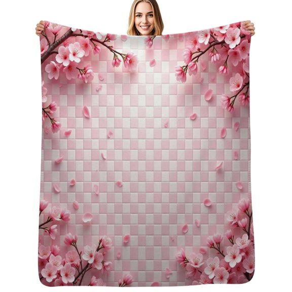 Pink Cherry Blossom Grid Pattern Flannel Blanket Warm Soft Bedding Throws Winter Camping Chair Sofa Bed