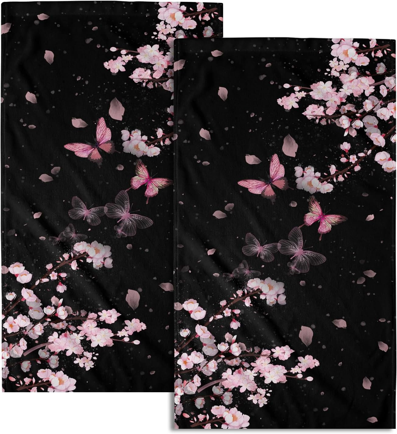 Pink Cherry Blossom Hand Towel - Abstract Butterflies Bath Face Towels Set of 2 Blossoming Sakura Flowers Branch Tea Towels Guest Towels Kitchen Dish Towel Decor