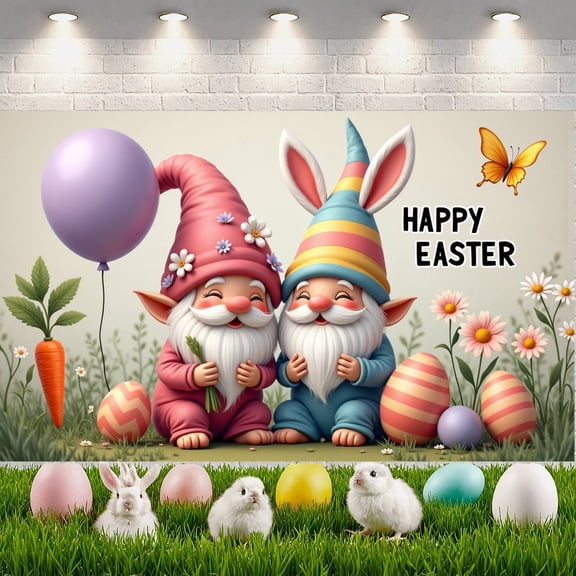 Pink Cherry Blossom Happy Easter Banner Bunny Ear Design Easter Backdrop Colorful Easter Eggs Themed Spring Easter Display for Easter Party Spring Celebration Photo Shoot