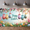 thumbnail image 1 of Pink Cherry Blossom Happy Easter Banner Bunny Ear Design Easter Backdrop Colorful Easter Eggs Themed Spring Easter Display for Easter Party Spring Celebration Photo Shoot, 1 of 9