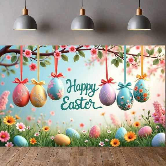 Pink Cherry Blossom Happy Easter Banner Bunny Ear Design Easter Backdrop Colorful Easter Eggs Themed Spring Easter Display for Easter Party Spring Celebration Photo Shoot