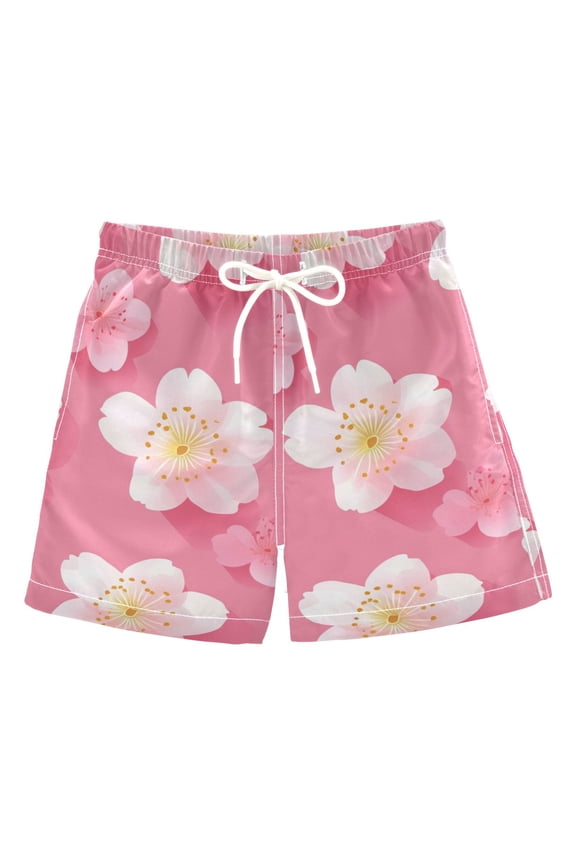 Pink Cherry Blossom Illustration Boys Swim Trunks Quick Dry Boy Swim Shorts for 3-14 Years