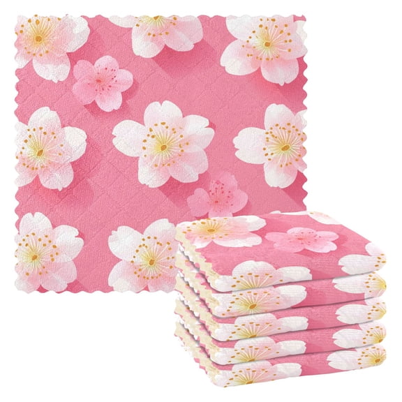 Pink Cherry Blossom Illustration Kitchen Cloth Dish Towels for Drying Washing Absorbent Dish Rags 6 Pack