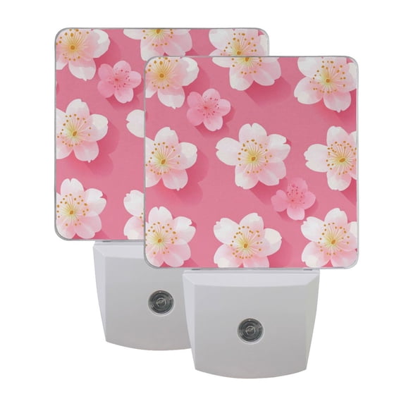 Pink Cherry Blossom Illustration LED Night Light with Smart Sensor Plug Into Wall Dusk to Dawn 2 packs