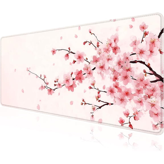 Pink Cherry Blossom Japanese Large Mouse Pad, Desk Mat Computer Keyboard Pad Non-Slip Rubber Base Waterproof with Stitched Edges for Laptop Gaming, Office & Home 31.5 x 11.8 Inch