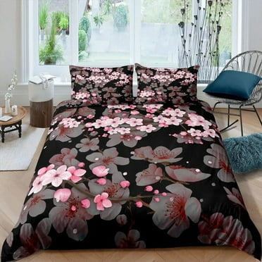Pink Cherry Blossom King Bedding Set Spring Flora Duvet Cover Japanese Flowers Quilt Cover Soft Polyester Comforter Cover