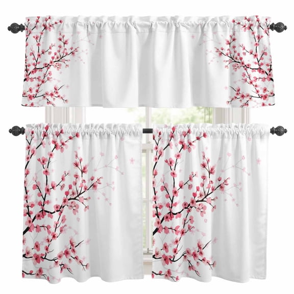 Pink Cherry Blossom Kitchen Curtains Set for Windows, Watercolor Spring Red Pink Sukara Flower Brown Branch Curtains Valance and Tier 3 Piece Set Small Drapes 24 Inch Length for Kitchen Bedroom Decor