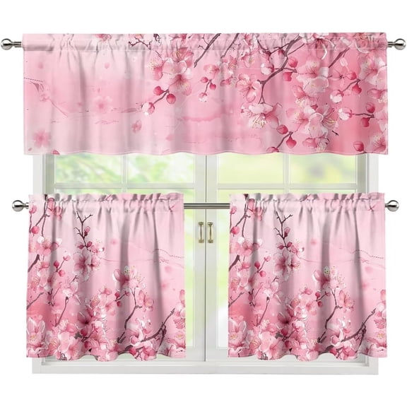 Pink Cherry Blossom Kitchen Curtains Tiers and Valances Set 3 Piece for Windows Festival Kitchen Window Curtains Set, Home Decor Valances for Living Room