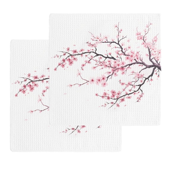 Pink Cherry Blossom Kitchen Dish Towels for Drying Dishes Set of 2, Spring Branches Floral Watercolor Waffle Weave Microfiber Hand Tea Bathroom Towels Quick Dry & Absorbent Towel 12x12