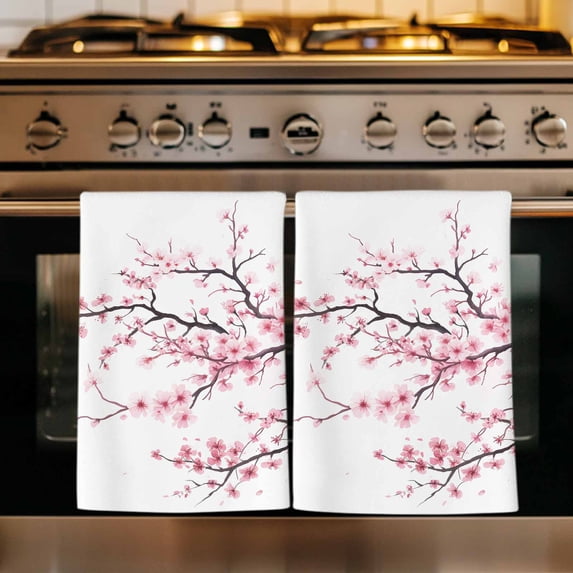 Pink Cherry Blossom Kitchen Towels Set of 3, Spring Branches Floral Watercolor Absorbent Dish Towels for Kitchen, Microfiber Hand Towel, Quick Drying Tea Towel for Cleaning Decorative Dishcloths