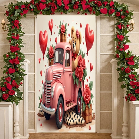 Pink Cherry Blossom Love Banner Red Heart Pattern Valentine Display Cute Swing Design Heart Backdrop for Valentine's Day Anniversary Romantic Date
