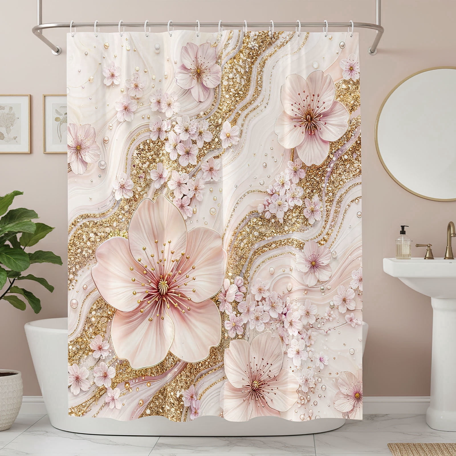 Pink Cherry Blossom Marble Shower Curtain, Luxury Gold Glitter Floral Bathroom Decor, Modern Abstract Minimalist Bath Curtain, Waterproof Polyester Fabric with Hooks,60X70in