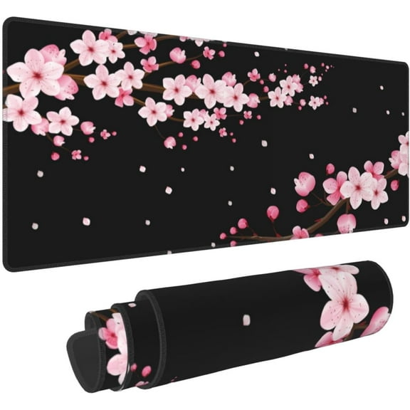 Pink Cherry Blossom Mouse Pad 31.5x11.8 Inch Black Japanese Anime XL Large Gaming Extended Mousepad Big Desk Pad Stitched Edges Rubber Keyboard Mat for Office Desktop