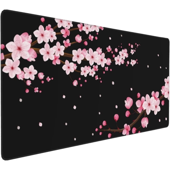 Pink Cherry Blossom Mouse Pad 35.4x15.7 Inch Black XXL Large Gaming Extended Mousepad Big Desk Pad Stitched Edges Rubber Keyboard Mat for Office Desktop