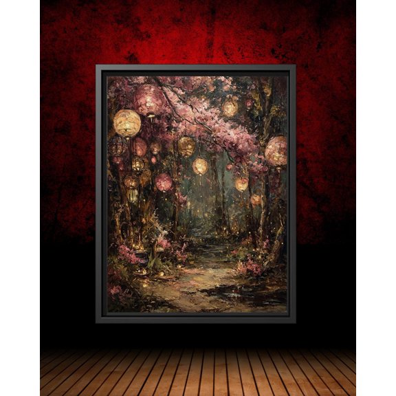 Pink Cherry Blossom Path In Forest With Paper Lanterns, Sakura Trees With Fireflies Unframed Paper Print