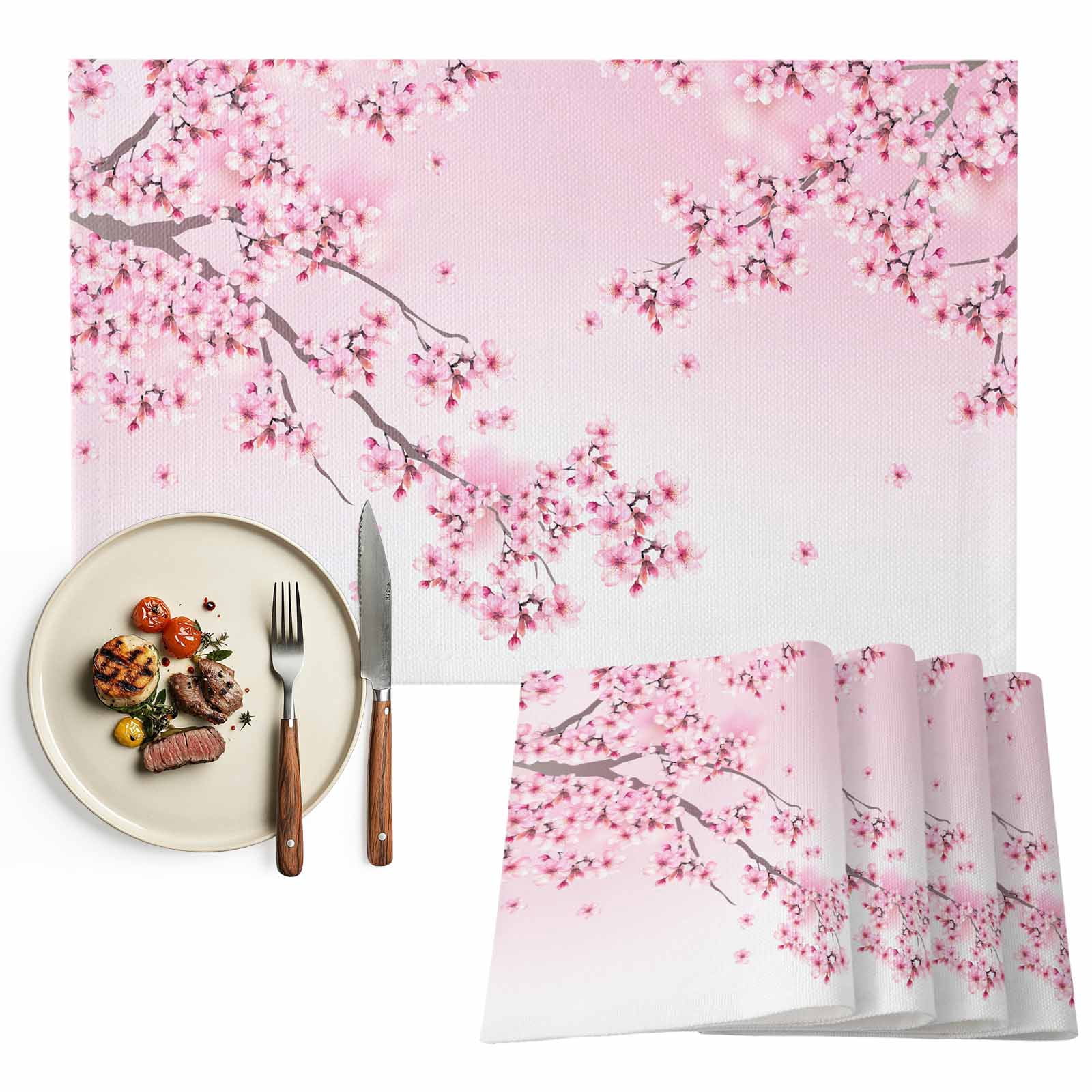 Pink Cherry Blossom Placemats Set of 6, Watercolor Spring Flowers Table ...