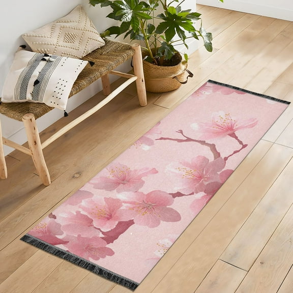 Pink Cherry Blossom Runner Rug Machine Washable Area Rugs Carpet Non Slip Entryway Mat for Bedroom Entryway Front Door
