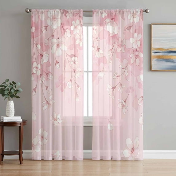 Pink Cherry Blossom Sheer Curtains 108 Inch Length 2 Panels Set, Spring Modern Farmhouse Floral Voile Window Treatment Semi Sheer Long Curtains Drapes for Bedroom/Living Room/Kitchen 52"x108"x2