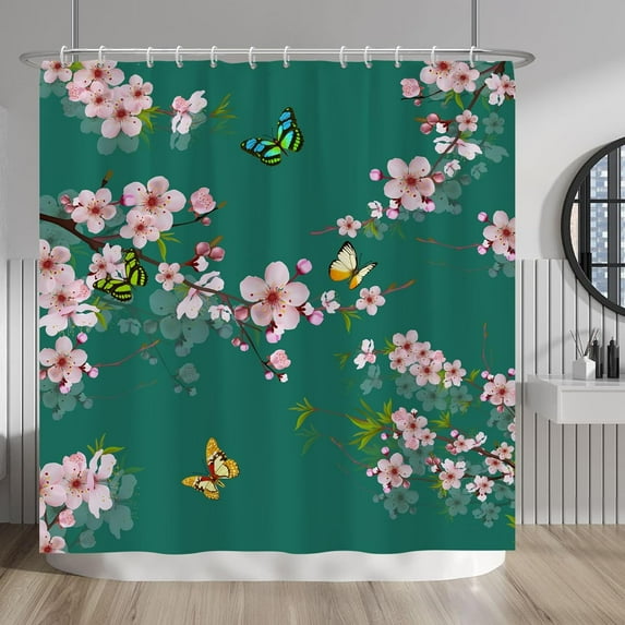 Pink Cherry Blossom Shower Curtain Butterflies Rustic Pink Floral Green Shower Curtains for Bathroom with Hooks 72x72 Inches Nature Scenery Waterproof Polyester Farmhouse Bath Curtain