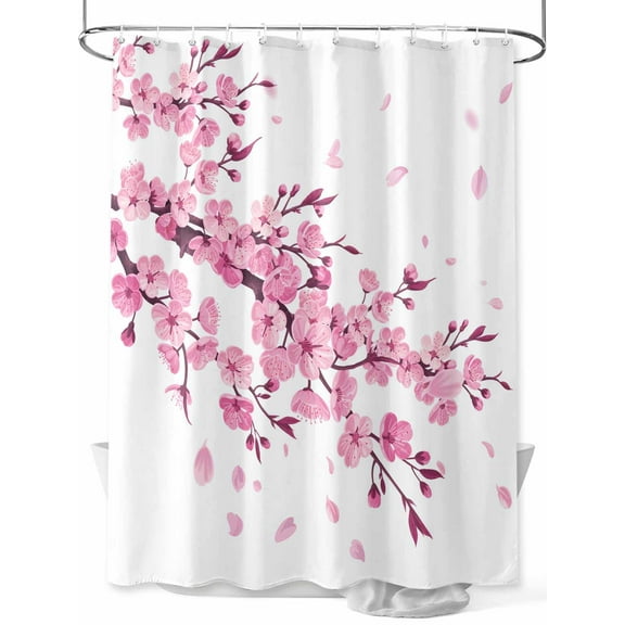 Pink Cherry Blossom Shower Curtain with Hooks, Fabric Shower Curtains for Bathroom Decor, Waterproof Bath Curtains Accessories, 72x72 inch Bathroom Set, Spring Flower Branch