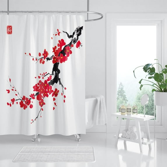 Pink Cherry Blossom Shower Curtain, Japanese Sakura Floral Shower Curtain Set, Ink Painting Cherry Flower Shower Curtains for Bathroom, Waterproof Fabric with 12 Hooks, 72 x 72 Inches