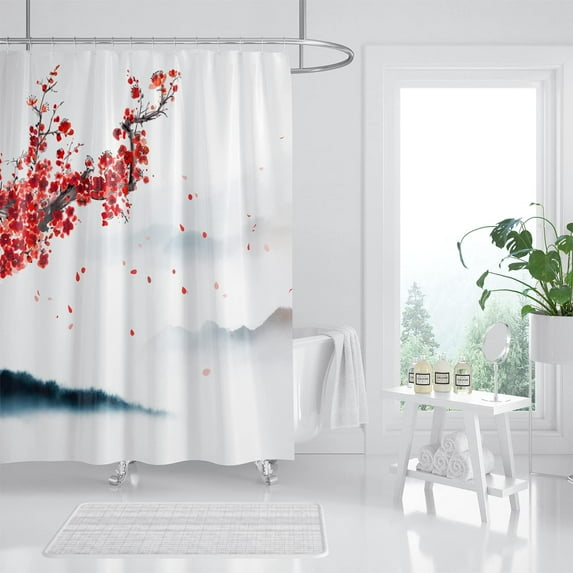 Pink Cherry Blossom Shower Curtain, Japanese Sakura Floral Shower Curtain Set, Ink Painting Cherry Flower Shower Curtains for Bathroom, Waterproof Fabric with 12 Hooks, 72 x 72 Inches
