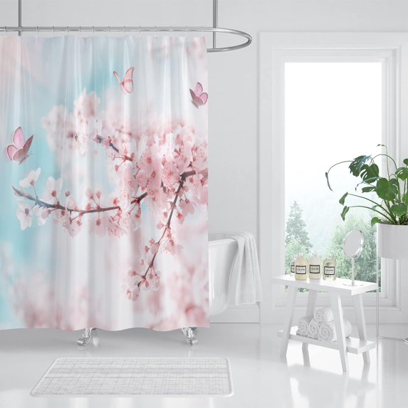 Pink Cherry Blossom Shower Curtain, Japanese Sakura Floral Shower Curtain Set, Plant Flower Cherry Shower Curtains for Bathroom, Waterproof Fabric with 12 Hooks, 72 x 72 Inches