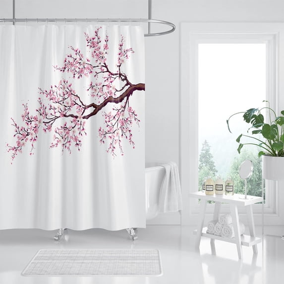 Pink Cherry Blossom Shower Curtain, Japanese Sakura Floral Shower Curtain Set, Plant Flower Cherry Shower Curtains for Bathroom, Waterproof Fabric with 12 Hooks, 72 x 72 Inches