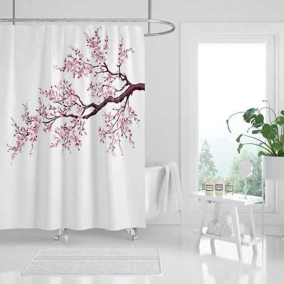 Pink Cherry Blossom Shower Curtain, Japanese Sakura Floral Shower Curtain Set, Plant Flower Cherry Shower Curtains for Bathroom, Waterproof Fabric with 12 Hooks, 72 x 72 Inches