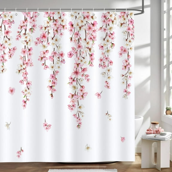 Pink Cherry Blossom Shower Curtain Japanese Sakura Floral Spring Decorative Bath Curtain 72 x 72 Inch Polyester Fabric Waterproof Bathroom Curtain with 12 Hooks