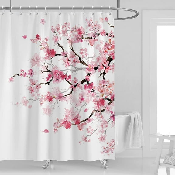 Pink Cherry Blossom Shower Curtain White Flowers Floral Sakura Blooming Plum Japanese Asian Anime Art Style Polyester Fabric Waterproof 12 Pack Plastic Hooks