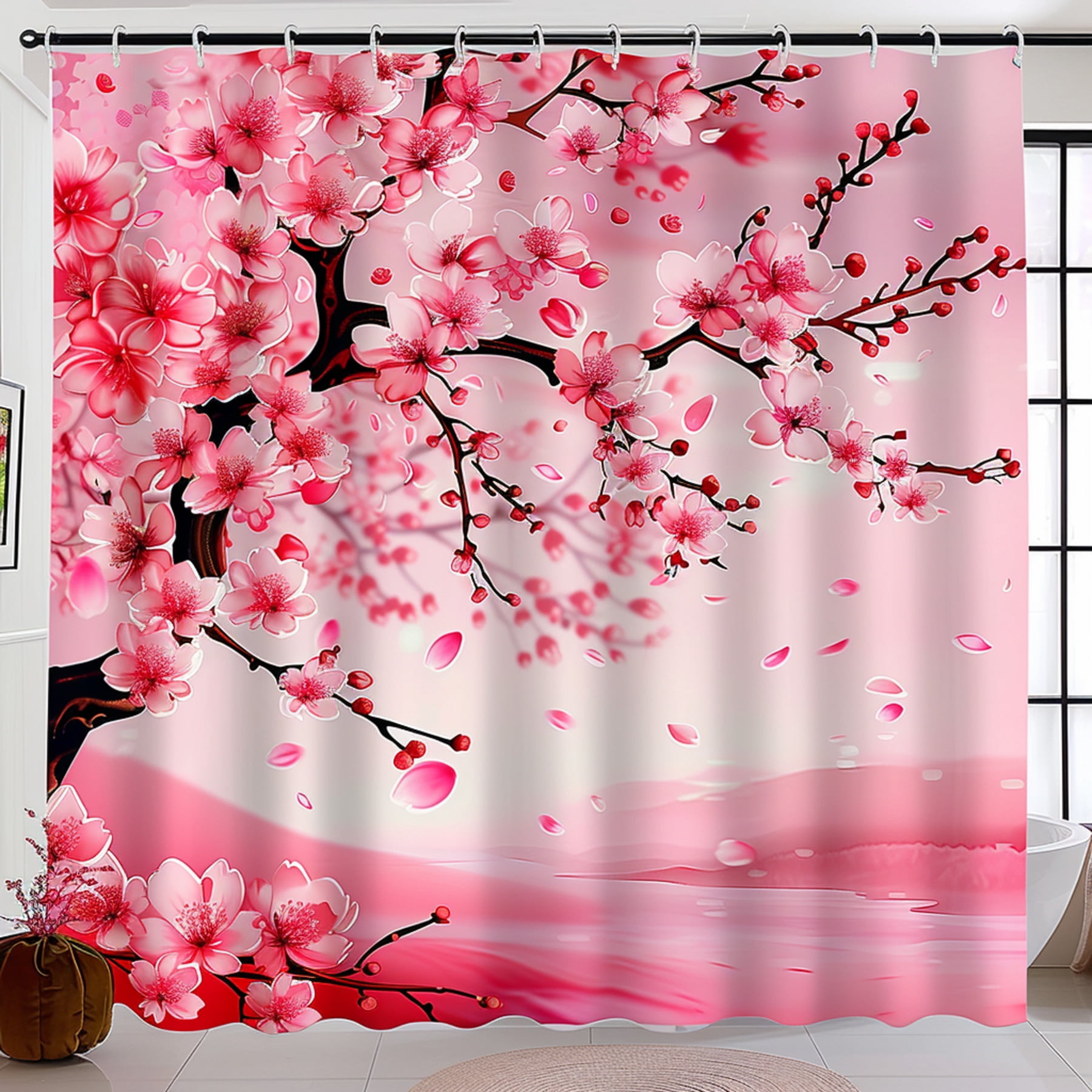 Pink Cherry Blossom Shower Curtain with Black Border Ultra Plum and ...