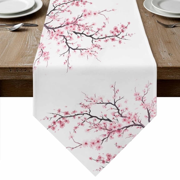 Pink Cherry Blossom Table Runner Linen Burlap Table Runner 48 Inches Long Spring Branches Floral Watercolor Dresser Scarves for Kitchen Island Coffee Dining Party Wedding Holiday Decor 13"x48"