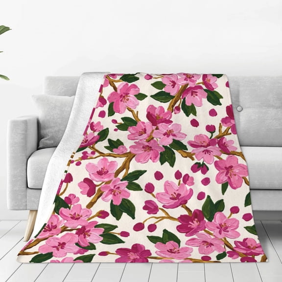 Pink Cherry Blossom Throw Blanket, Soft Fuzzy Plush Flannel Fleece Blanket, Cozy Watercolor Flower Blanket for Couch Sofa Bed, Spring Summer Gift 50x40