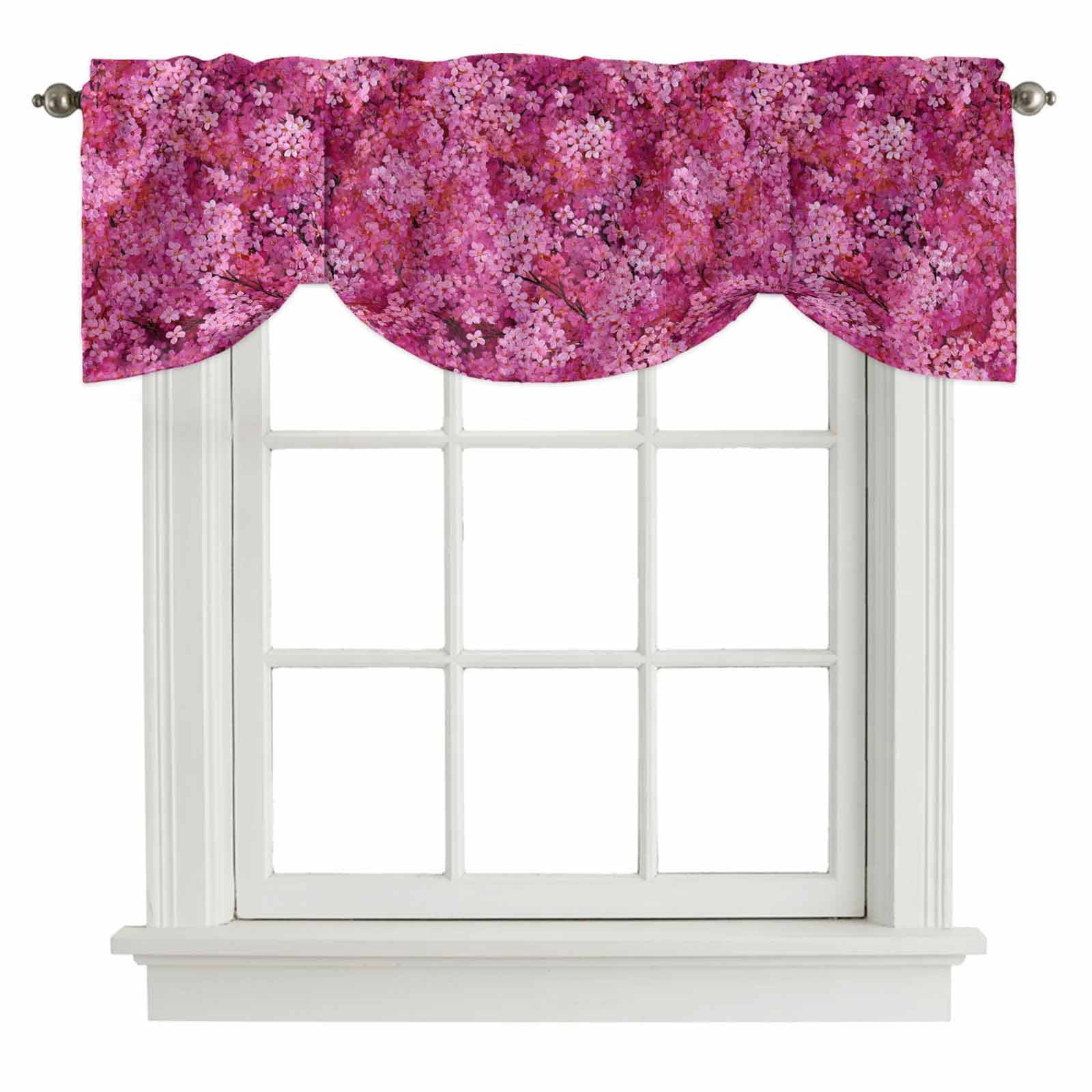 Pink Cherry Blossom Tie Up Valance Curtains for Windows, Kitchen