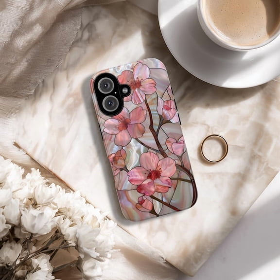 Pink Cherry Blossom Tough Phone Case, Sakura Stained Glass PRINTED Design, Floral Protective Covers for iPhone, Galaxy, Pixel