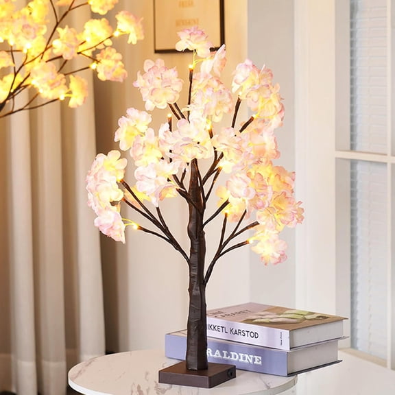 Pink Cherry Blossom Tree Light LED Festival Decor Lamp Manual Switch USB & Battery Powered Night Light for Work Companion Lighting Vanity Table Decoration and Romantic Date Ambiance
