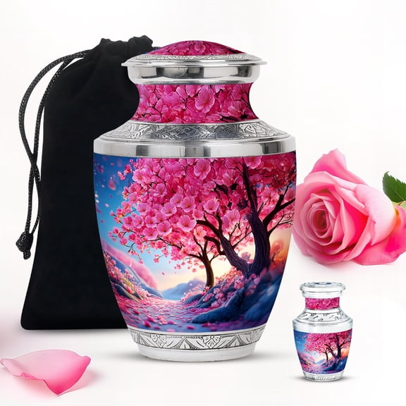 Pink Cherry Blossom Trees Burial Large Urn For Ashes For Women - Unique Mini Urns For Human Ashes Adult Men - Memorial Gift For Decorative Urns 10Inch And 3Inch Keepsake Urn