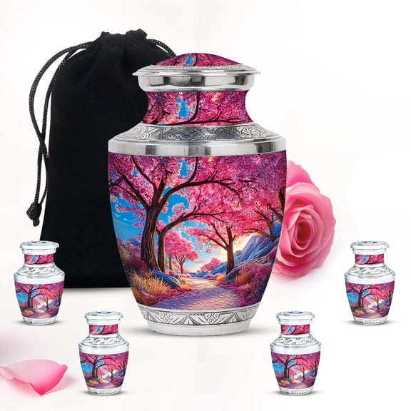 Pink Cherry Blossom Trees Burial Tiny Urn For Ashes Adult Mom - Large Urns For Human Ashes Adult Man And Woman - Handmade Funeral Gift For Decorative Urns 10Inch And 3Inch 4 Keepsake Urn