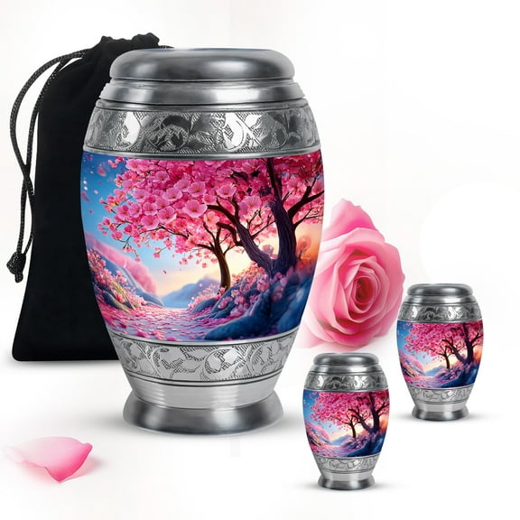 Pink Cherry Blossom Trees Funeral Large Urn For Ashes Adult Father - Cremation Mini Urn For Ashes Adult Dad - Decorative Gift For Memorial Urns 10Inch And 3Inch 2 Keepsake Urns