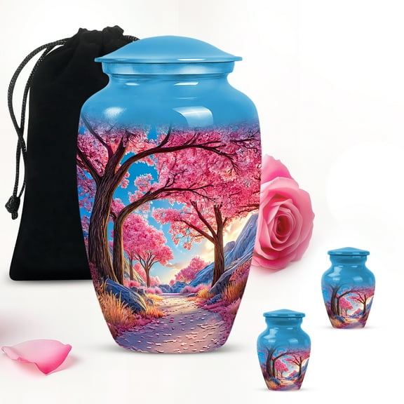 Pink Cherry Blossom Trees Funeral Large Urn For Ashes Adult Male - Tiny Urn For Ashes For Women - Decorative Unique Gifts For Women Urns 10Inch And 3Inch 2 Keepsake Urns