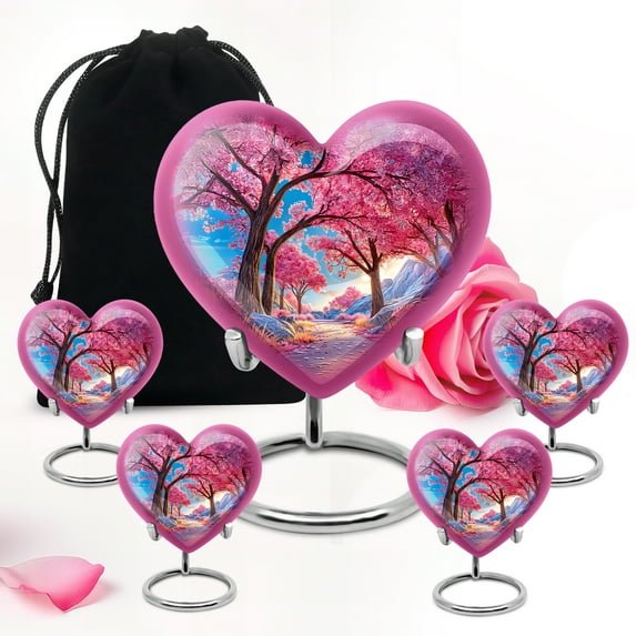 Pink Cherry Blossom Trees Funeral Large Urn For Ashes Adult Mom - Mini Urns For Human Ashes Adult Man And Woman - Decorative Unique Gifts For Women Urns 10Inch And 3Inch 4 Keepsake Urn